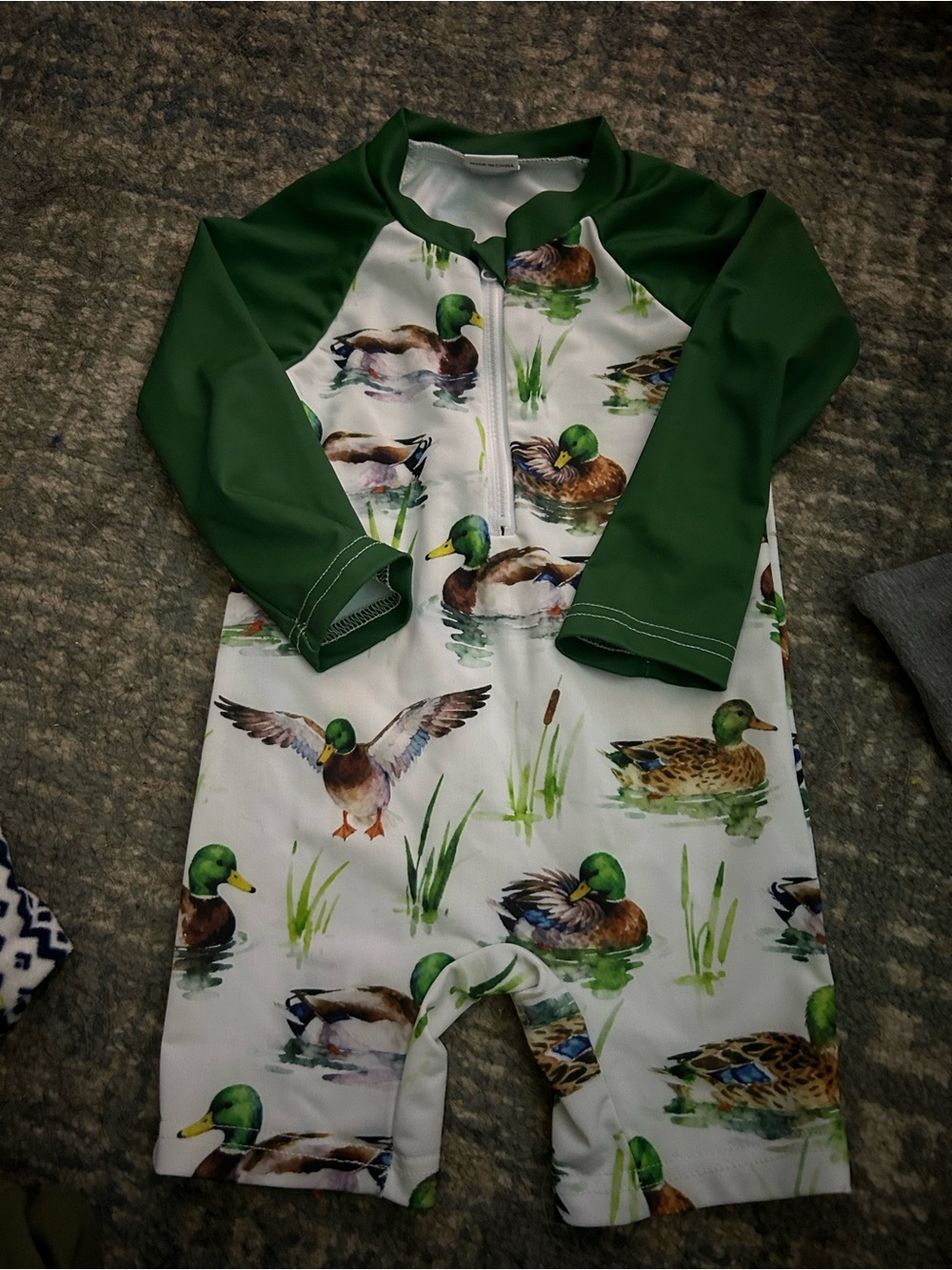Amazon Kids Green-Accent Duck Print Long-Sleeve Swim Romper